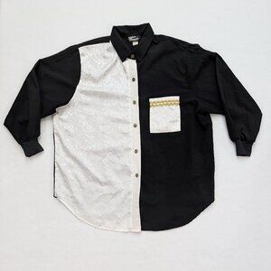 Silver Threads Vintage 80s 90s Women's Top SIze 2X Black White Half Split Button